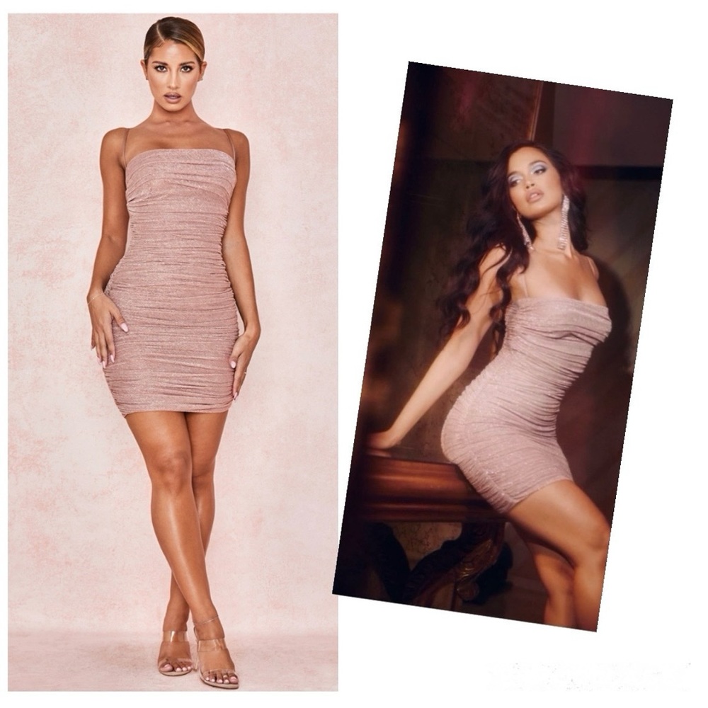 House of CB Ella Dress BodyCon Pink Ruched Sparkle Mesh Metallic Party Nightclub